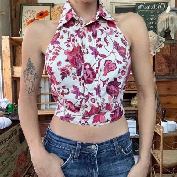 Express Stretch Vintage Y2K Pink Floral Paisley Halter Top Open Back Size 5/6 - Picture 8 of 8